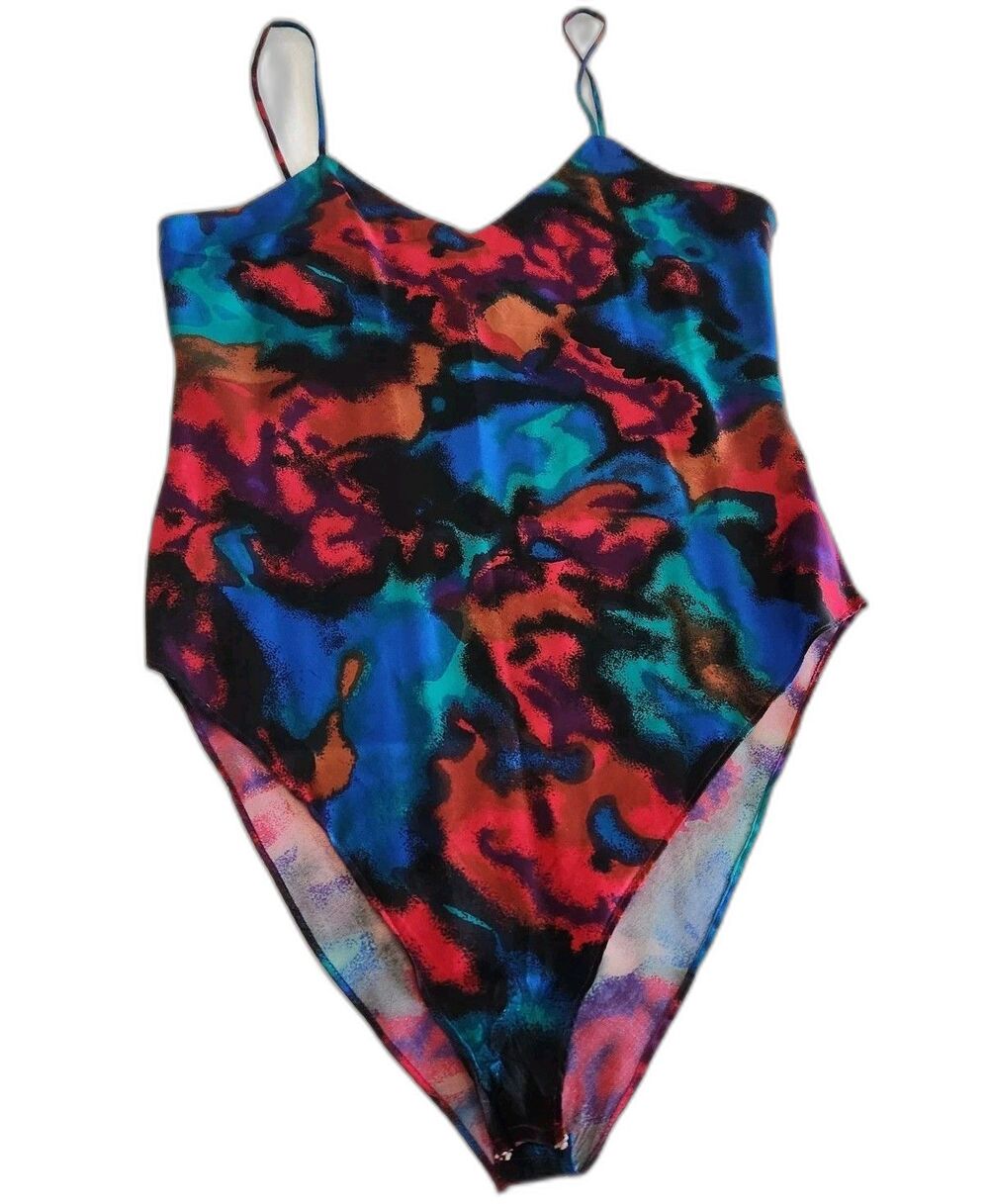 Lasoie Vintage Multicolor Abstract 100% Silk Cami Bodysuit RUNS SMALL SZ M
